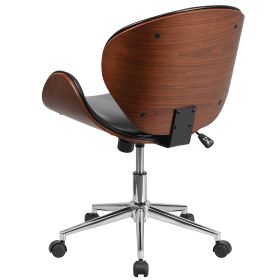 Mid-Back Walnut Black Faux Leather Office Chair with Curved Bentwood Seat