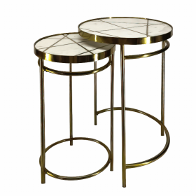 22, 20 Inch Round 2 Piece Marble Top Nesting End Table Set with Metal Frame, Brass Inlay, White (Color: White, Brass)