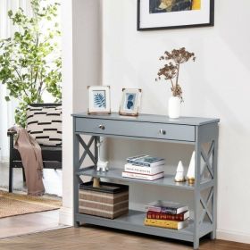 Console Table 3-Tier with Drawer and Storage Shelves (Color: gray)